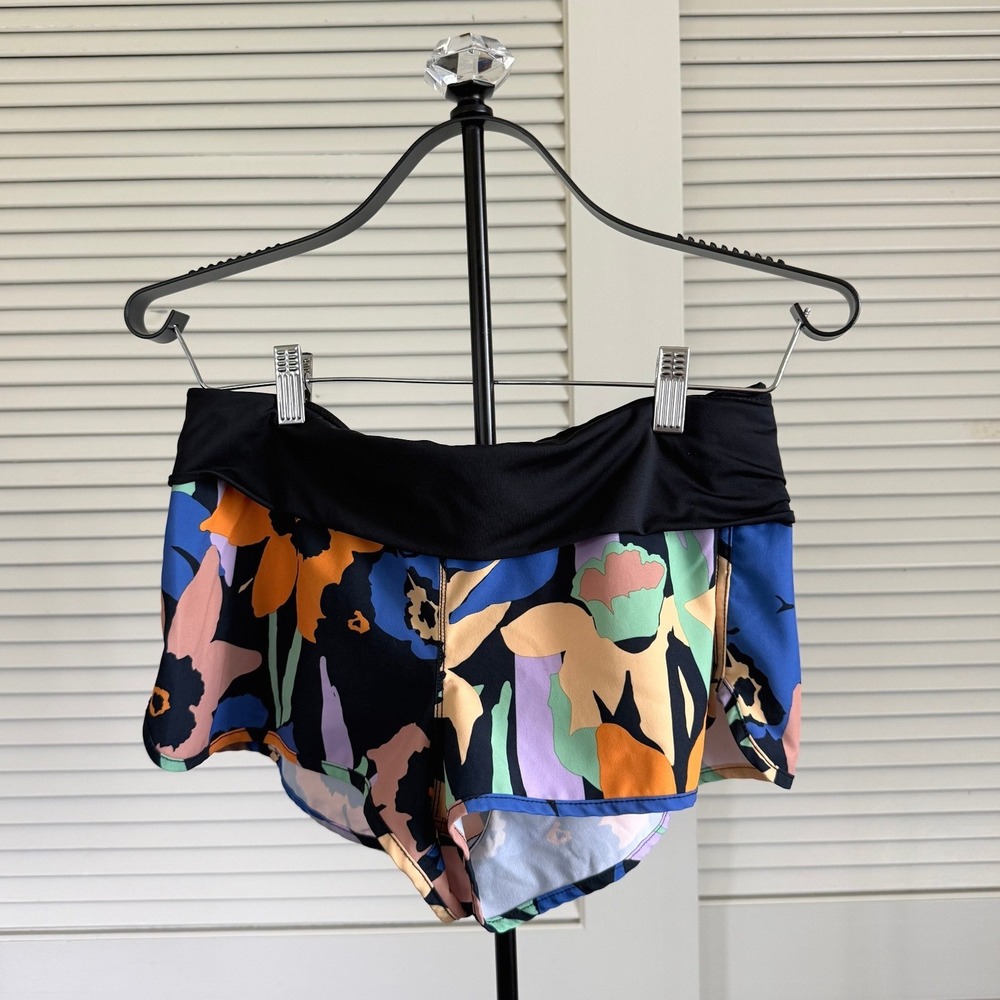 Roxy Floral Athletic Running Shorts Black Multi-Color Size Medium Drawstring